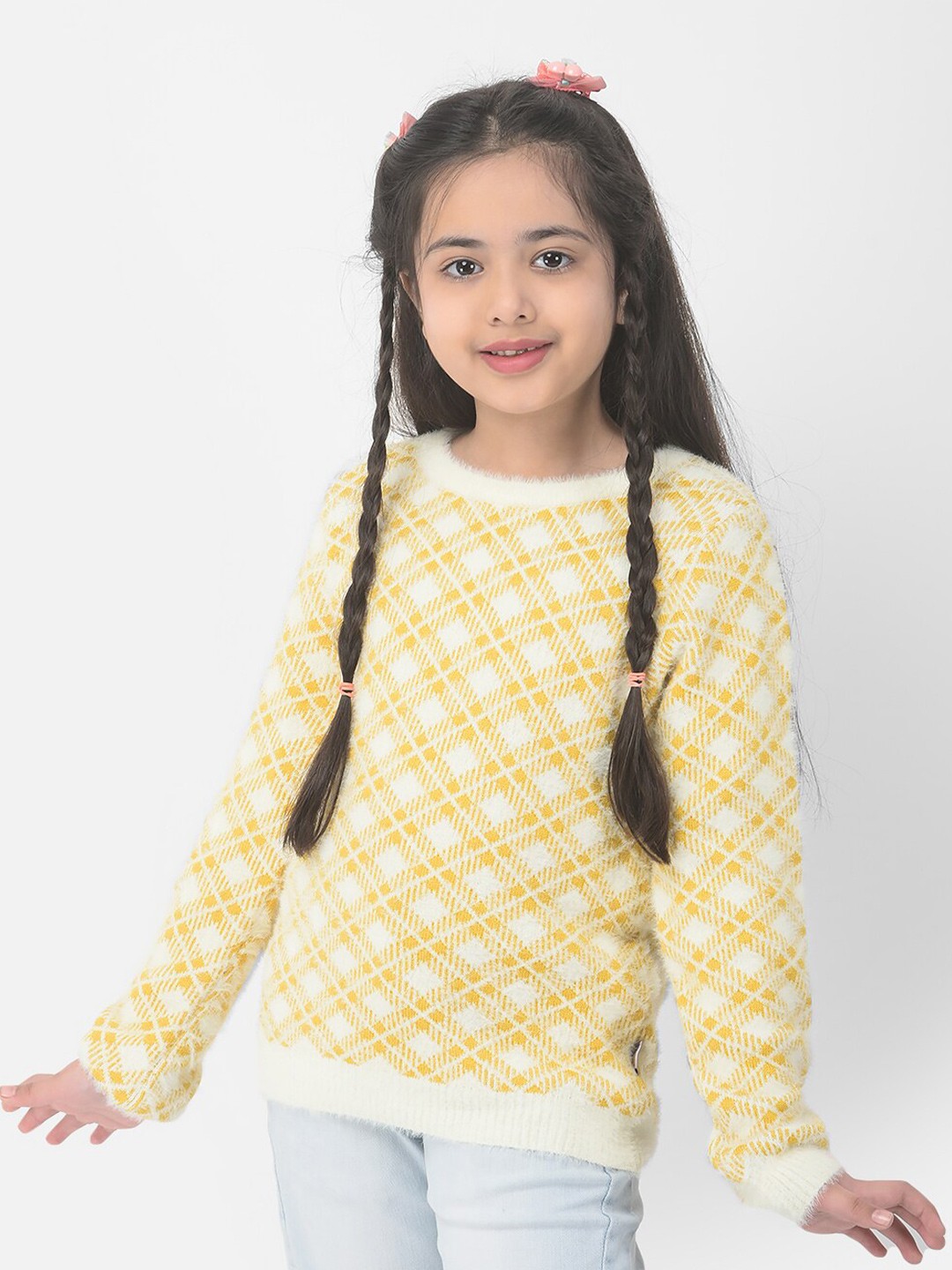 

Crimsoune Club Girls Checked Pullover with Fuzzy Detail, Mustard