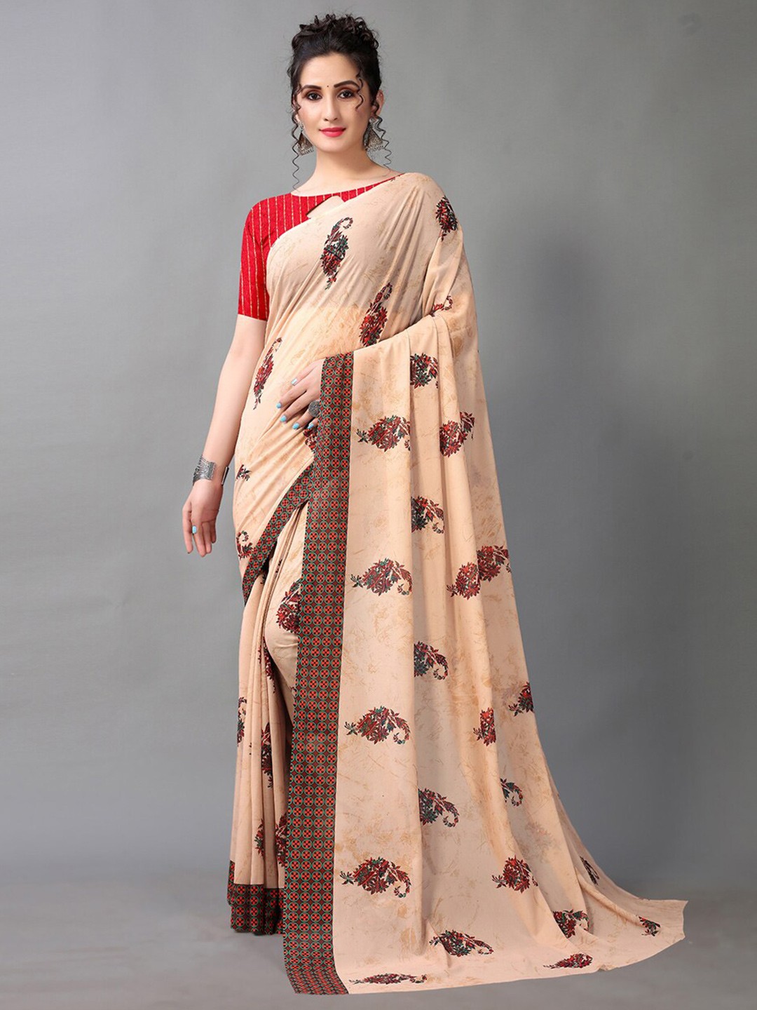 

HRITIKA Paisley Printed Poly GeorgetteSaree, Cream
