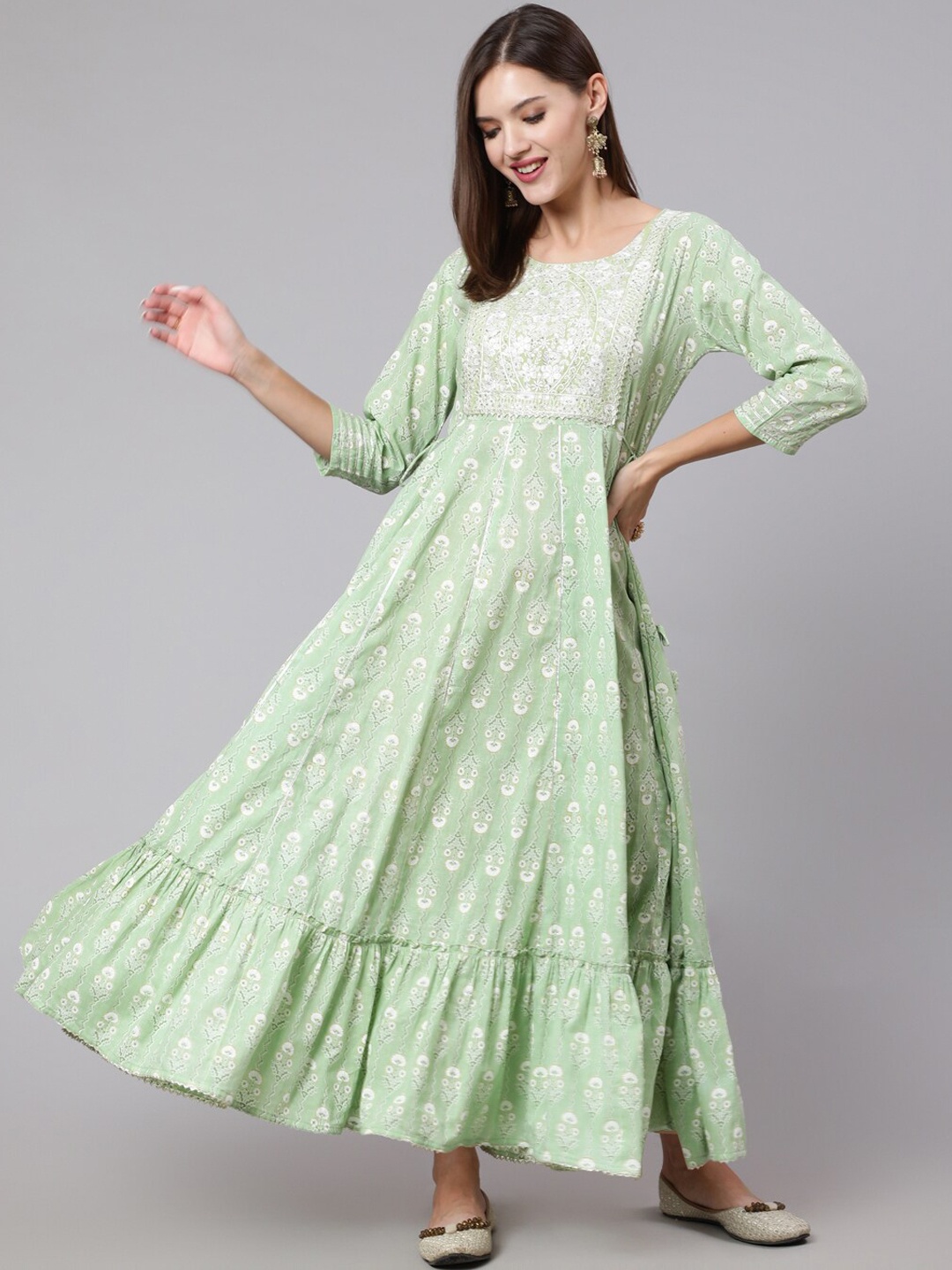 

KIMAYRA Ethnic Motifs Yoke Design Cotton Anarkali Kurta, Green