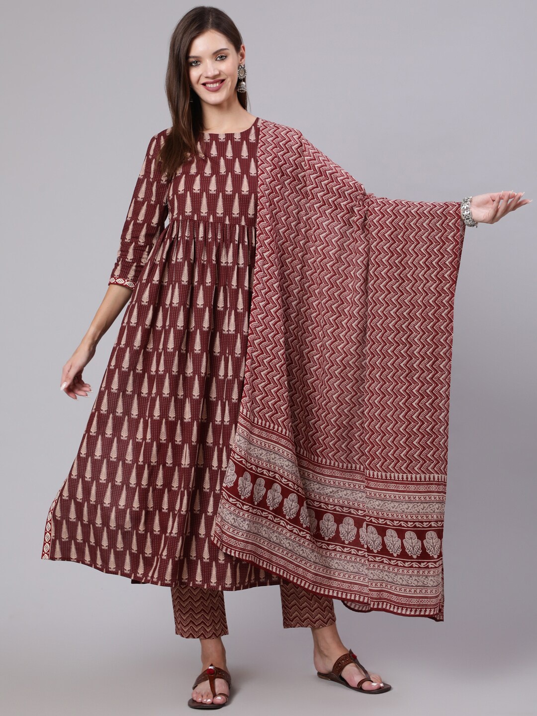 

KIMAYRA Ethnic Motifs Printed Empire Pure Cotton Kurta with Trousers & With Dupatta, Maroon