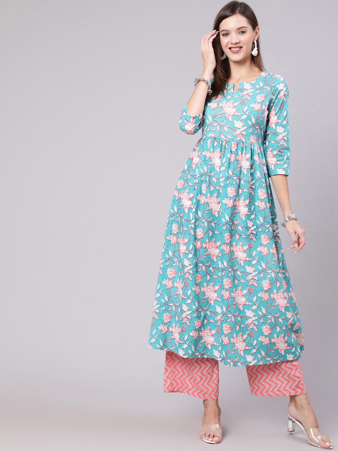 

KIMAYRA Women Floral Printed Pure Cotton Kurta With Palazzos, Peach