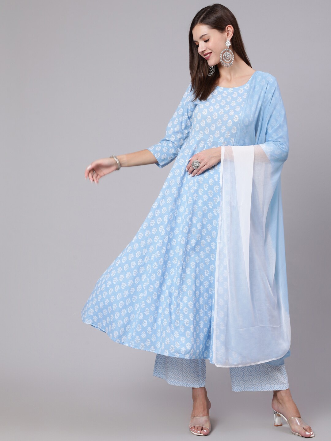 

KIMAYRA Women Blue Ethnic Motifs Printed Pure Cotton Kurta with Palazzos & With Dupatta