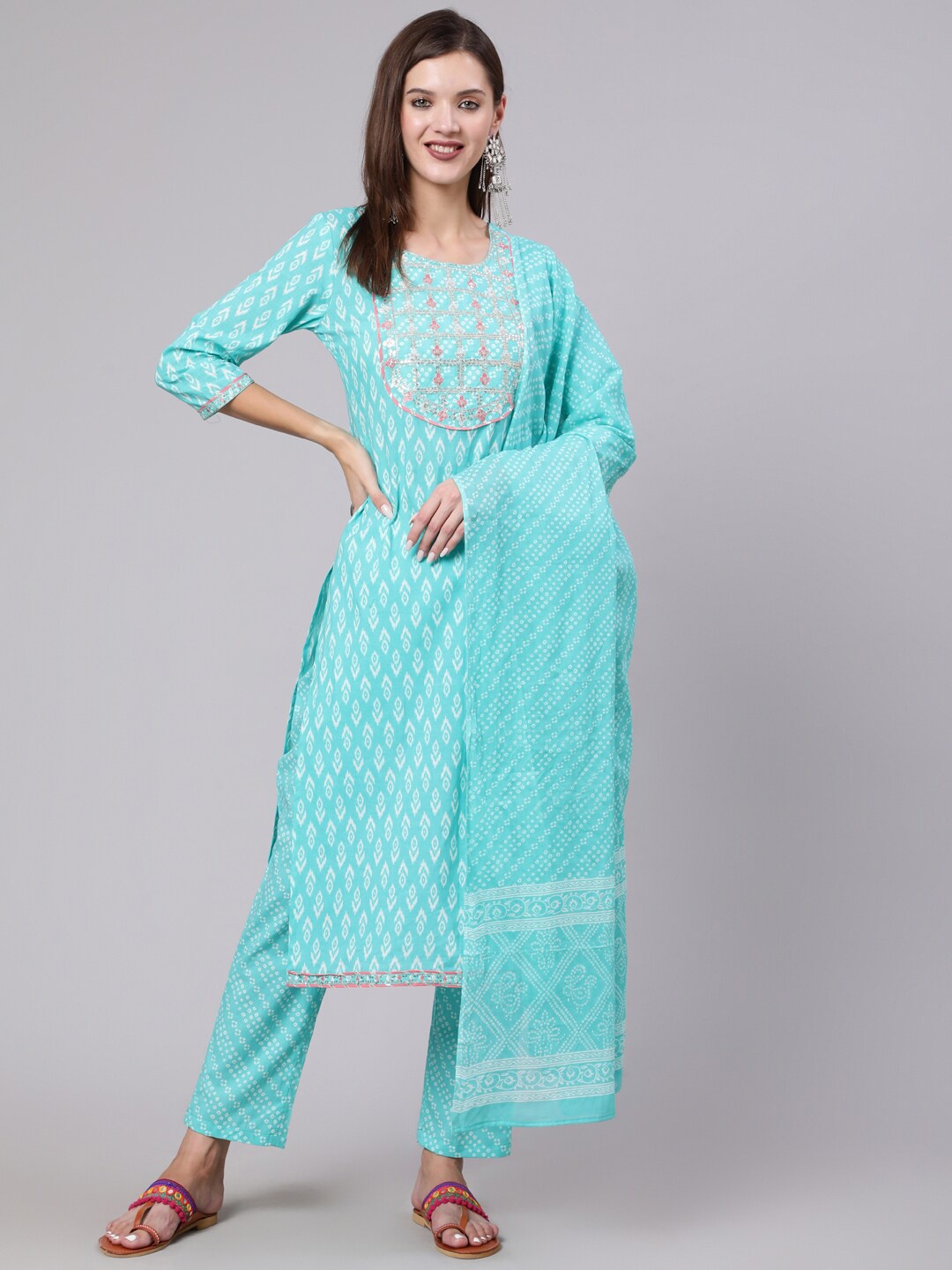 

KIMAYRA Ethnic Motifs Printed Sequinned Pure Cotton Kurta with Trousers & With Dupatta, Turquoise blue