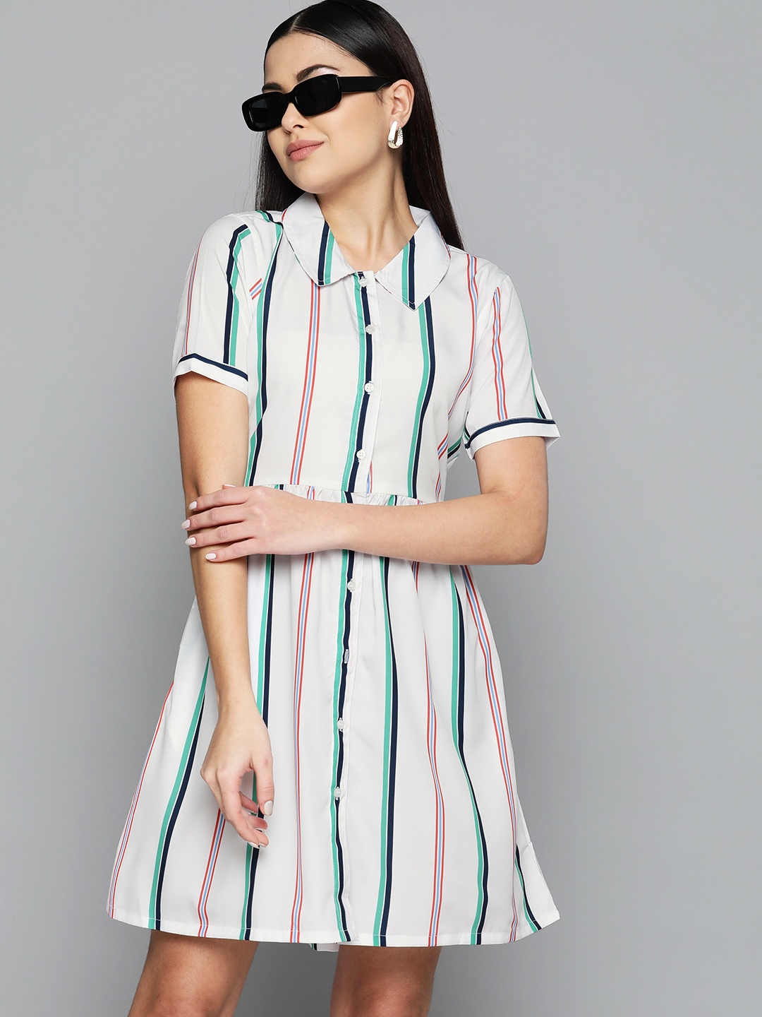 

DENNISON Striped Crepe Shirt Collar A-Line Dress, White