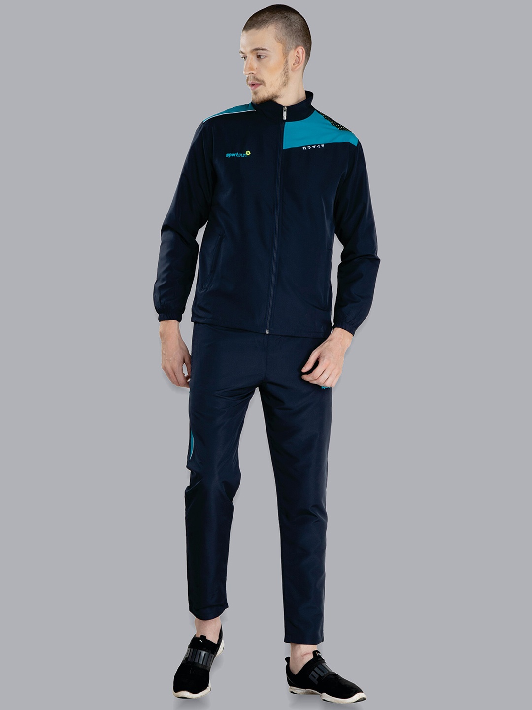 

SPORT SUN Men Printed Mock Collar Tracksuits, Navy blue