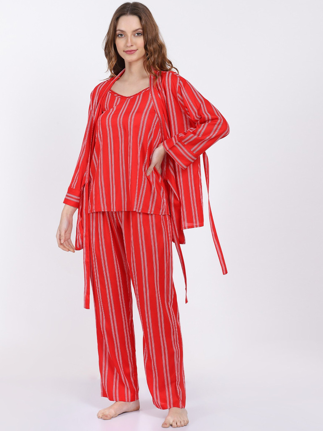 

ETC Women Striped 3 Piece Night suit, Red