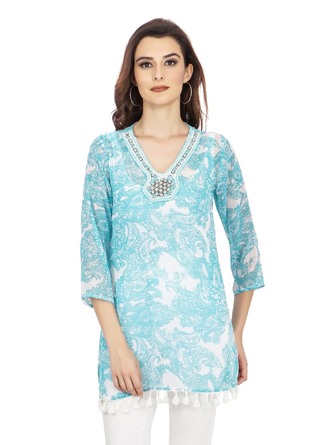 

TSM Women Printed Embellished Silk Tunic, Turquoise blue