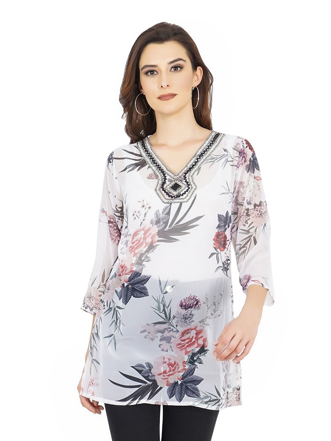 

TSM Women Printed Embellished Silk Tunic, White