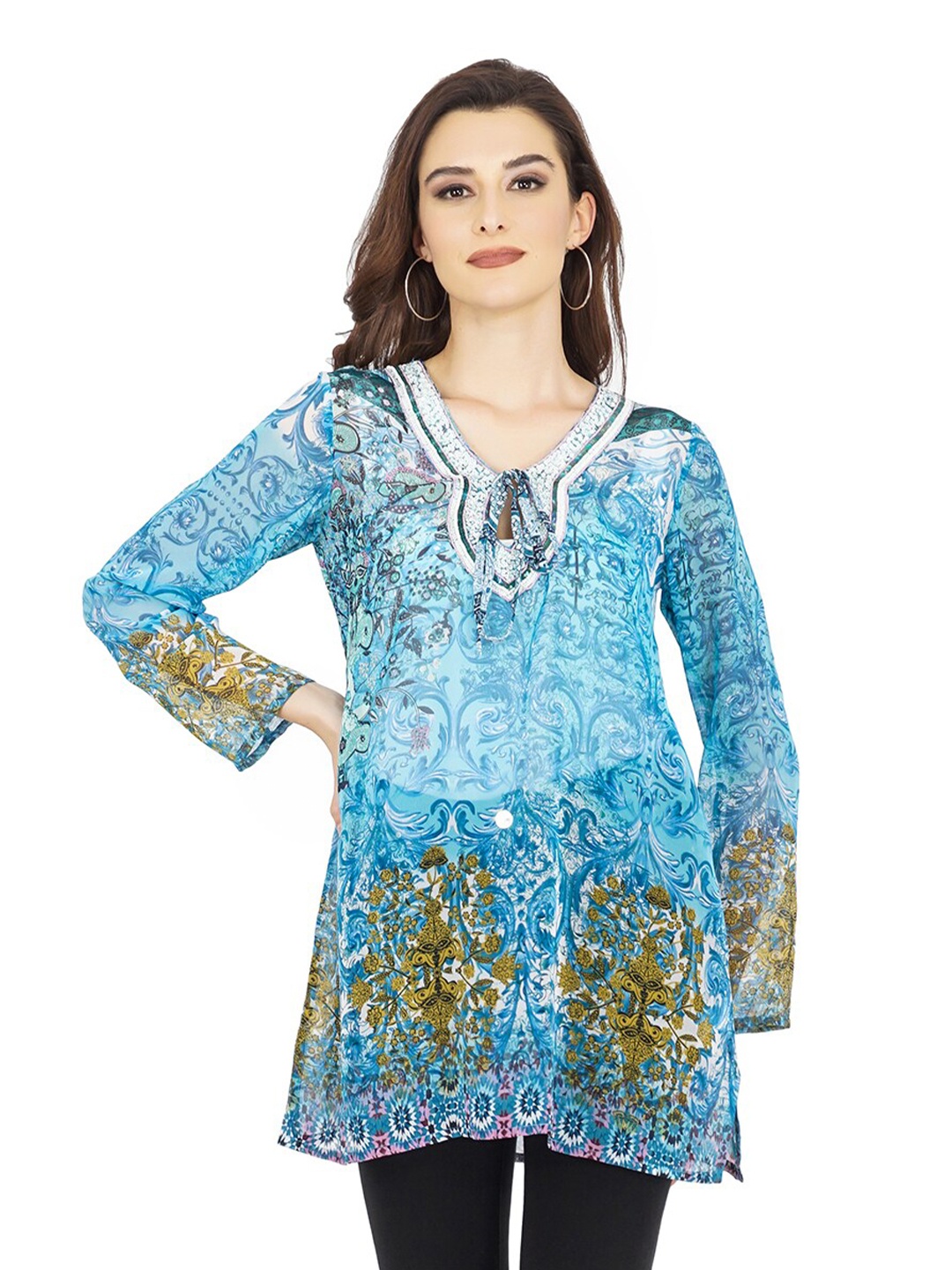 

TSM Women Printed Silk Tunic, Turquoise blue