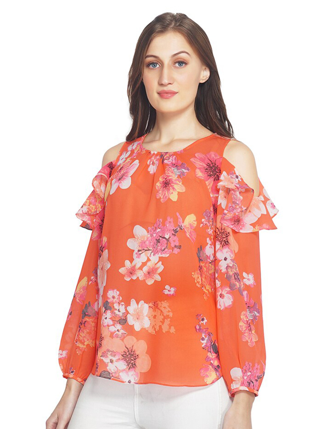 

TSM Floral Print Georgette Top, Orange
