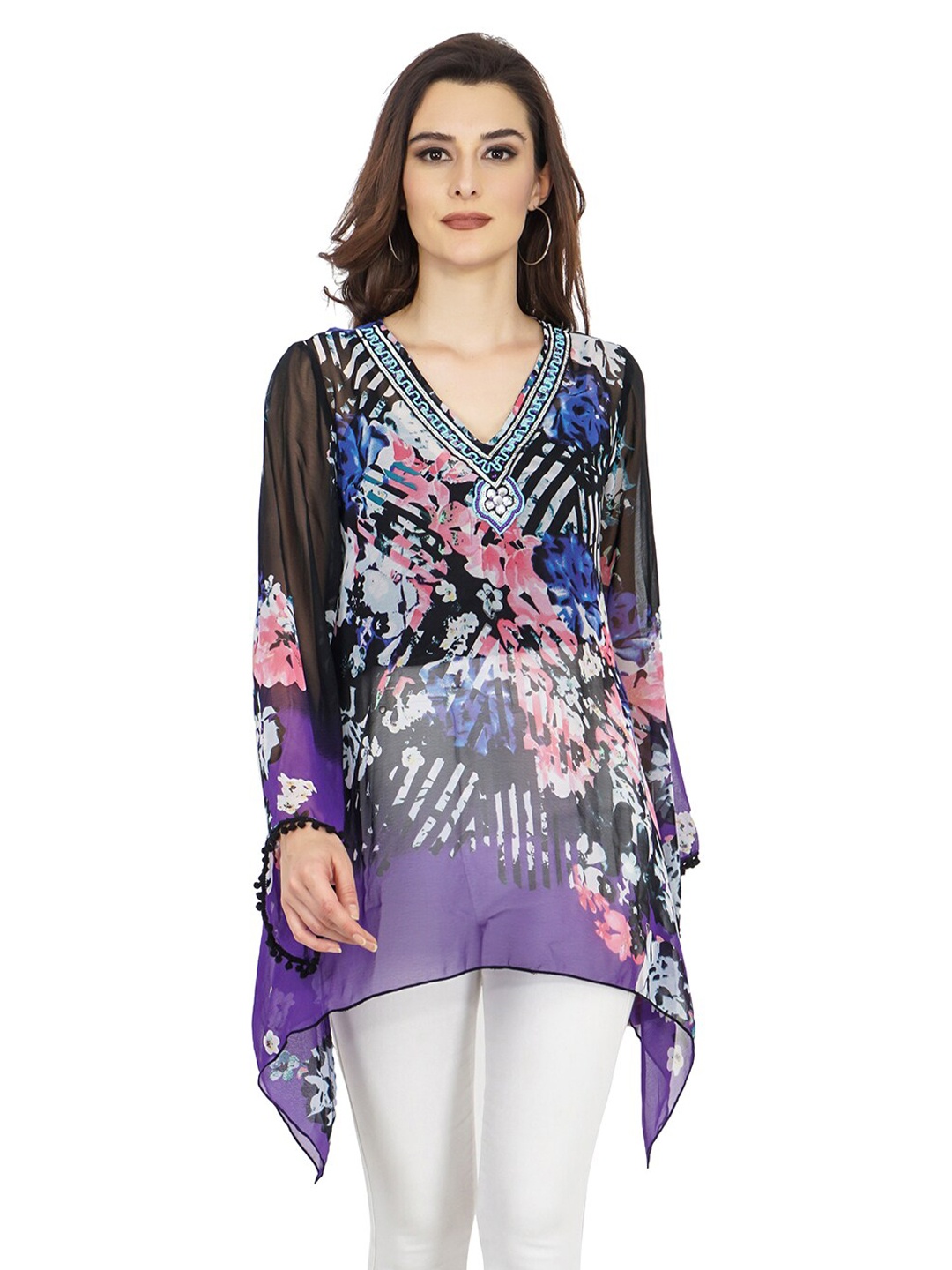

TSM Women Printed Embellished Silk Tunic, Purple