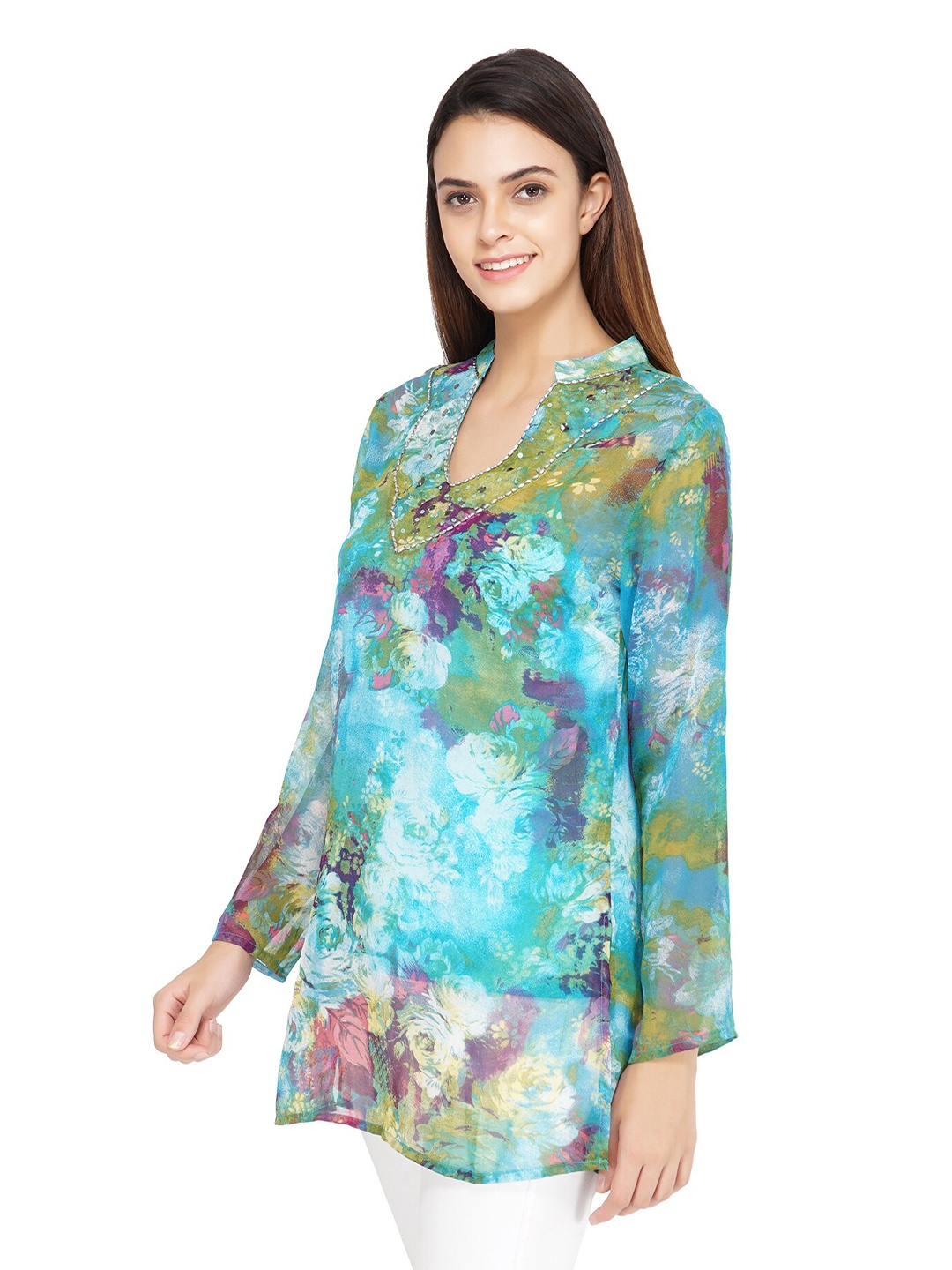 

TSM Floral Print Mandarin Collar Georgette Longline Top, Turquoise blue