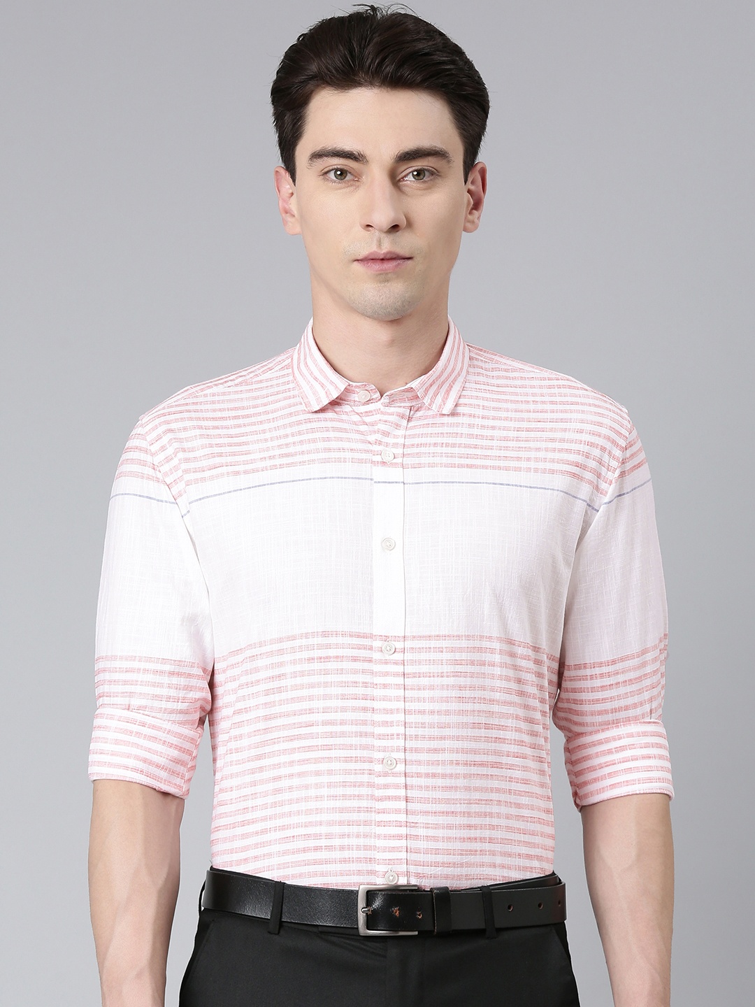 

5TH ANFOLD Men White Slim Fit Horizontal Striped Pure Cotton Shirt