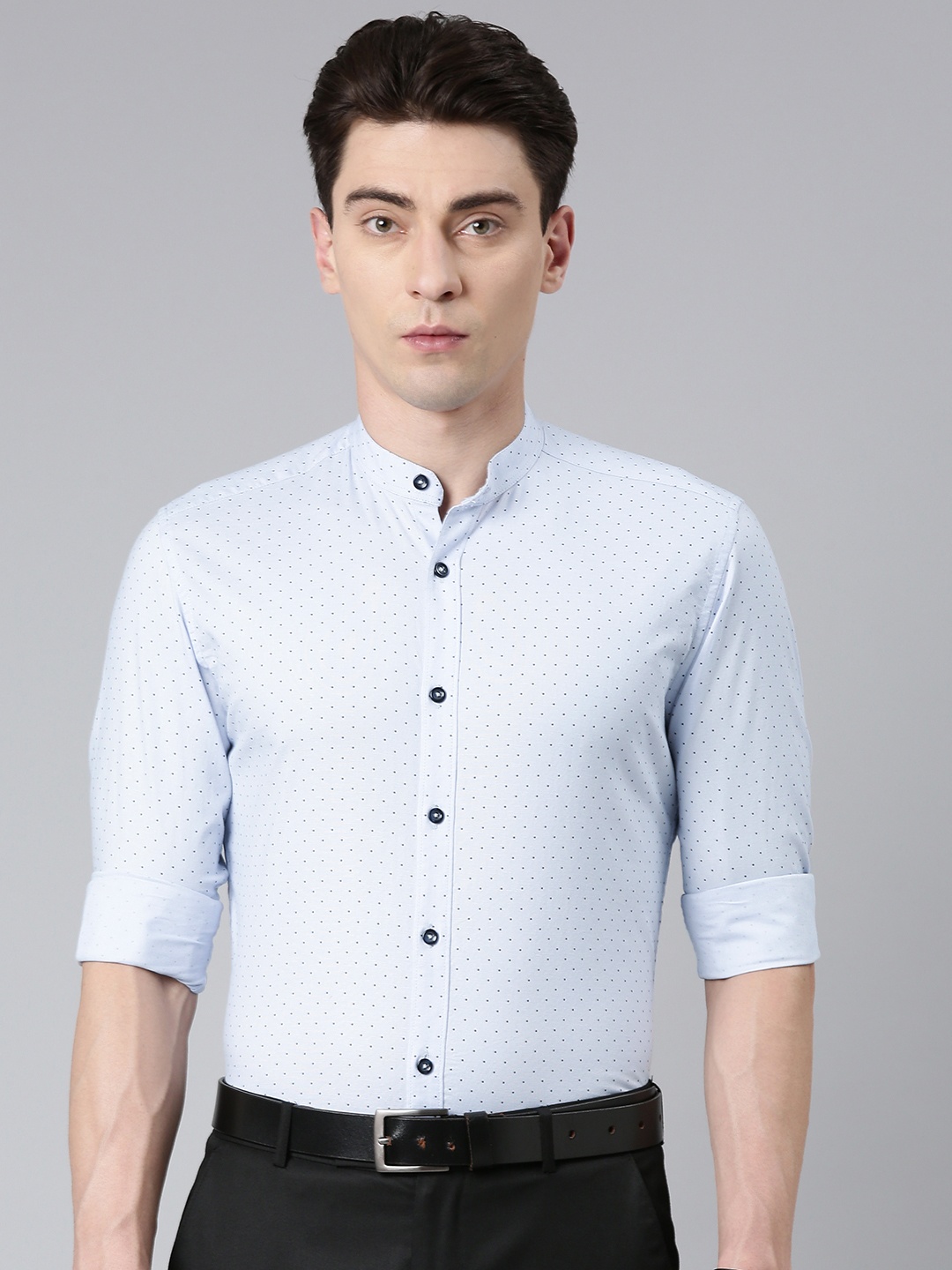 

5TH ANFOLD Men Slim Fit Polka Dots Printed Mandarin Collar Pure Cotton Shirt, Blue
