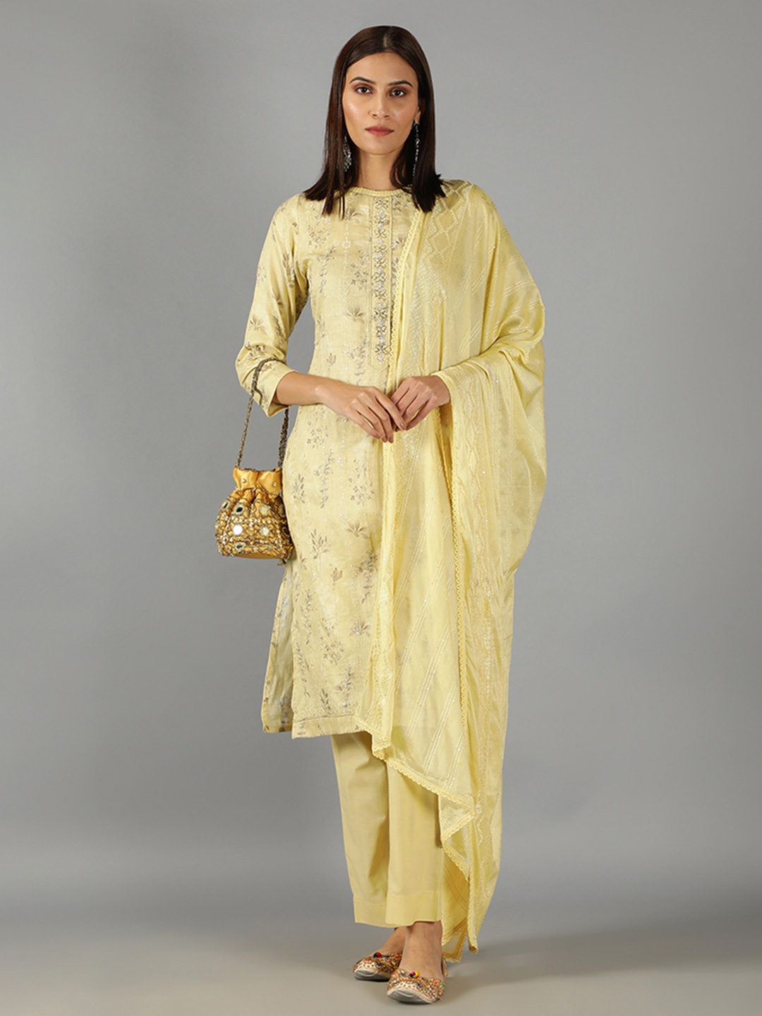 

BARARA ETHNIC Floral Embroidered Beads and Stones Pure Cotton Kurta Set, Yellow