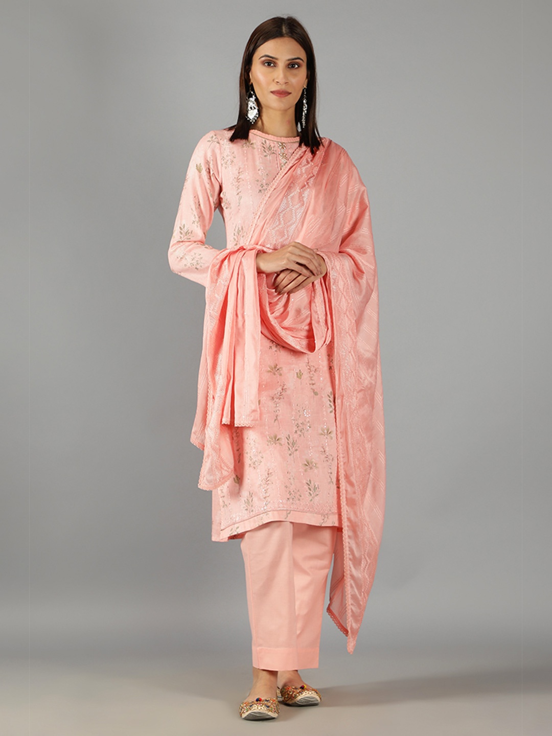 

BARARA ETHNIC Floral Printed Thread Work Pure Cotton Kurta with Harem Pants & With Dupatta, Pink