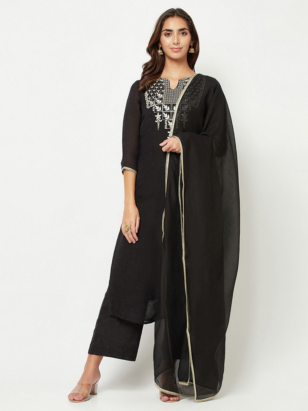 

BARARA ETHNIC Embroidered Thread Work Pure Cotton Kurta with Palazzos & With Dupatta, Black