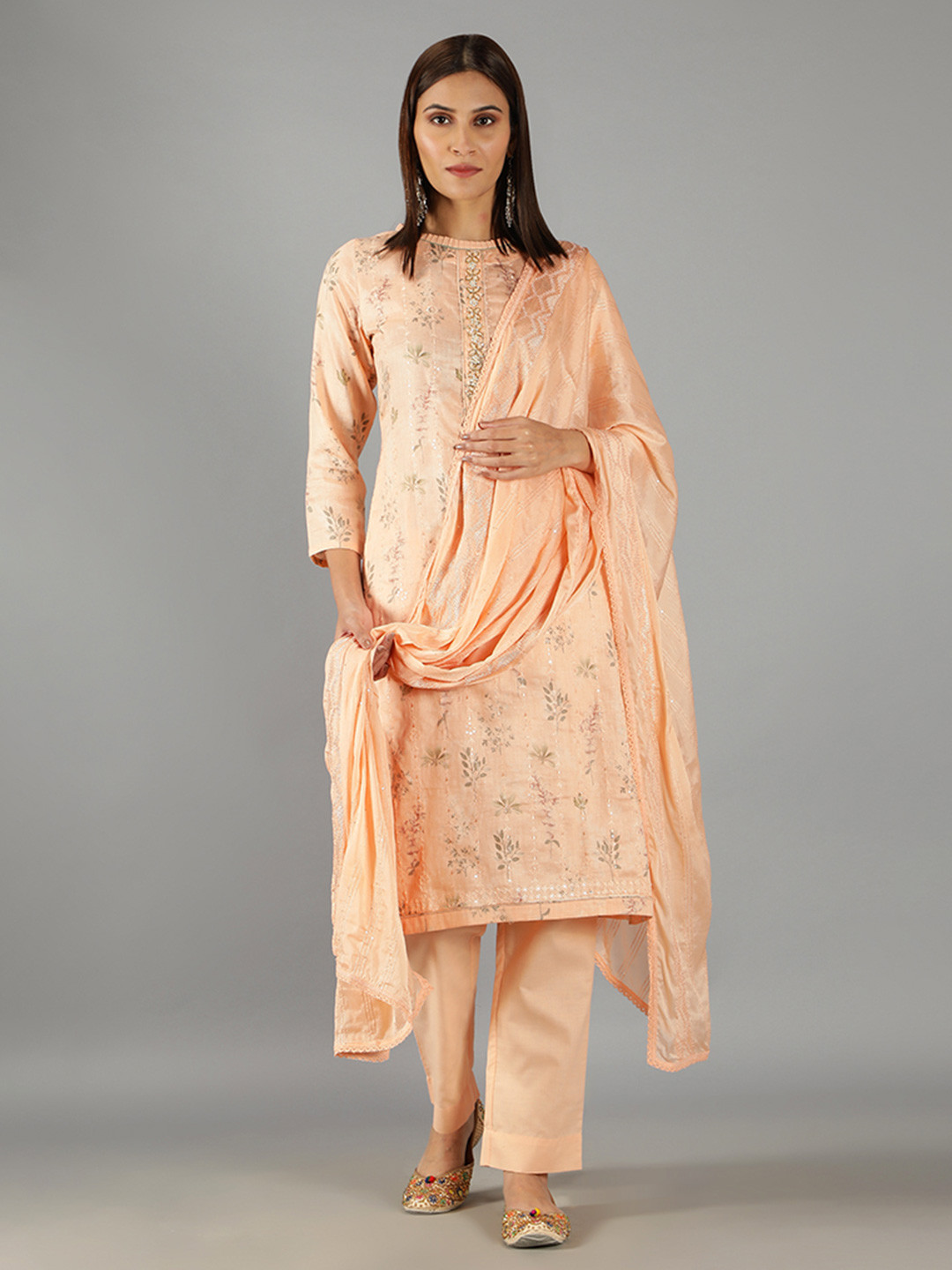 

BARARA ETHNIC Floral Printed Thread Work Pure Cotton Kurta with Trousers & With Dupatta, Peach