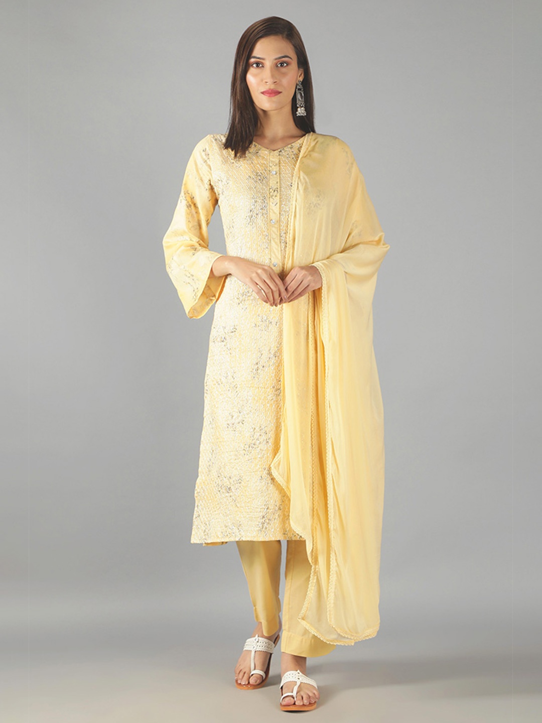 

BARARA ETHNIC Women Printed Thread Work Pure Cotton Kurta with Trousers & Dupatta, Yellow