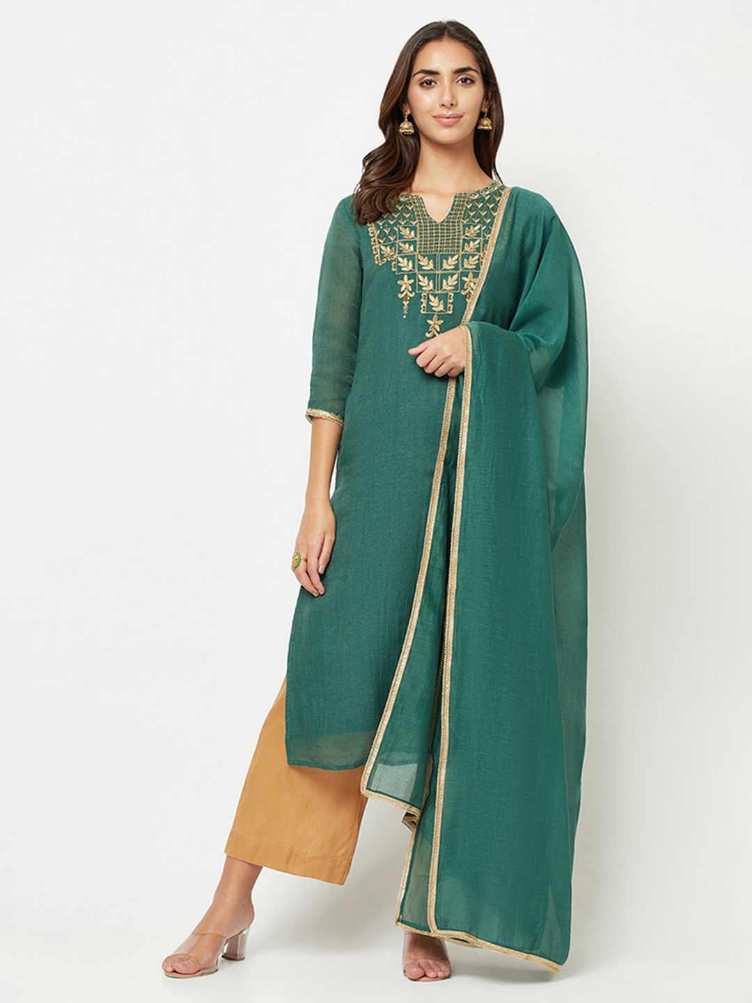 

BARARA ETHNIC Ethnic Motifs Embroidered Pure Cotton Kurta with Palazzos & With Dupatta, Green