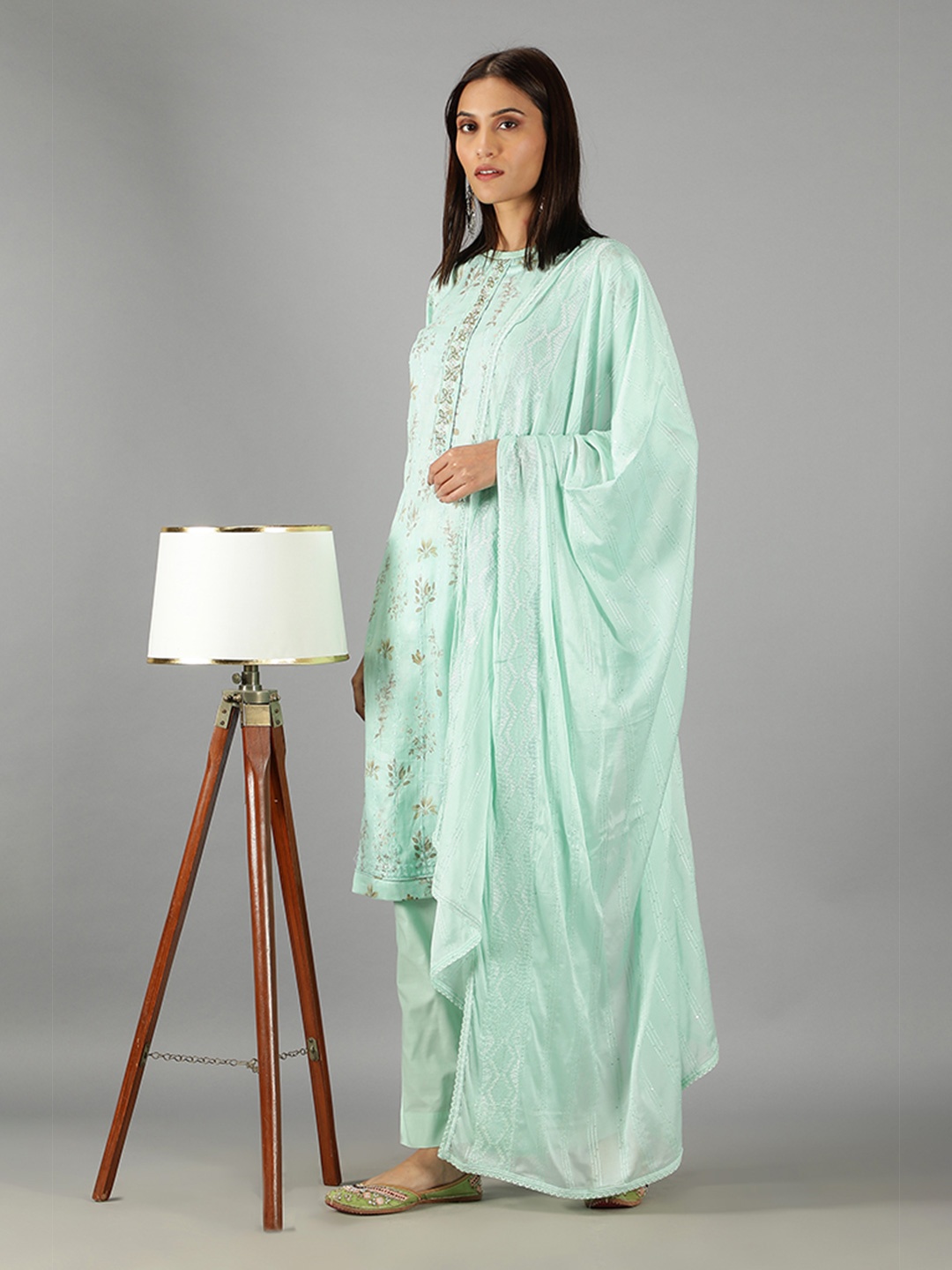 

BARARA ETHNIC Floral Printed Sequinned Pure Cotton Kurta with Trousers & With Dupatta, Sea green