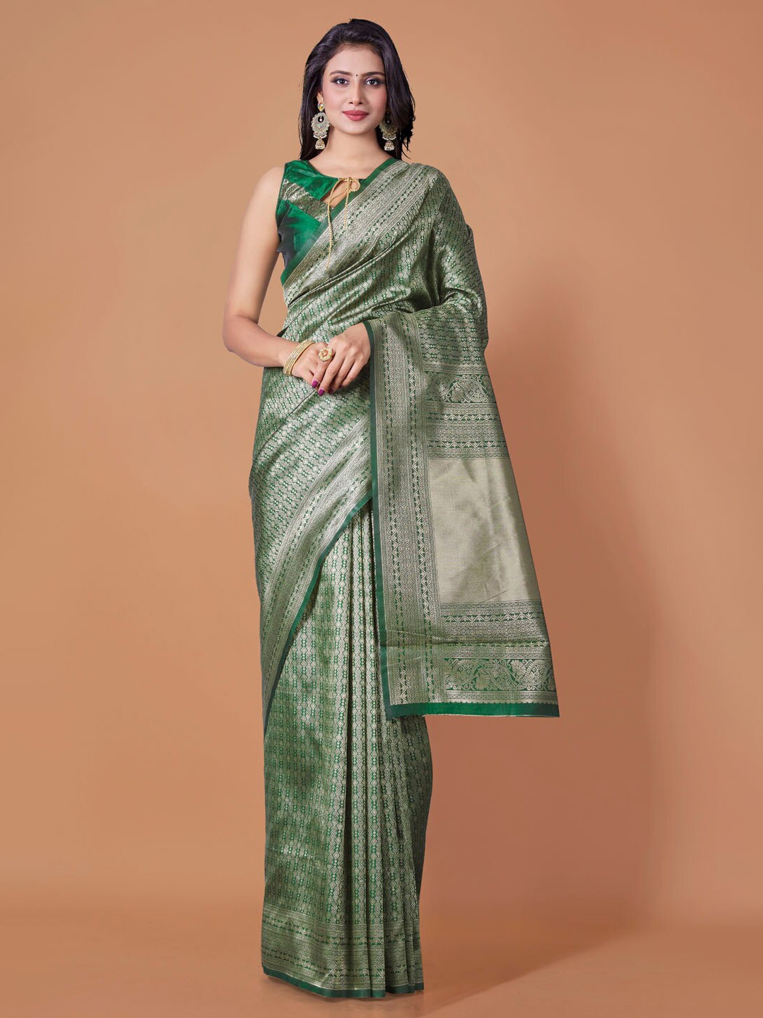 

BESUCHER Ethnic Motifs Zari Silk Blend Fusion Kanjeevaram Saree, Green