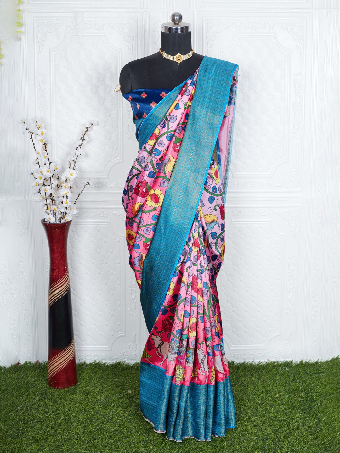 

BESUCHER Floral Silk Cotton Fusion Banarasi Saree, Pink