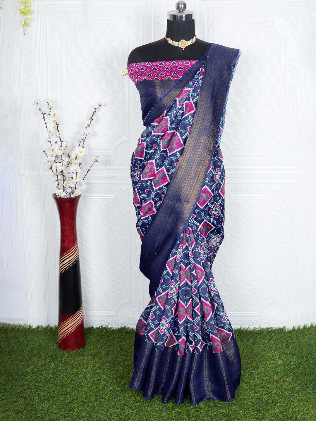 

BESUCHER Kalamkari Zari Silk Cotton Fusion Patola Saree, Blue