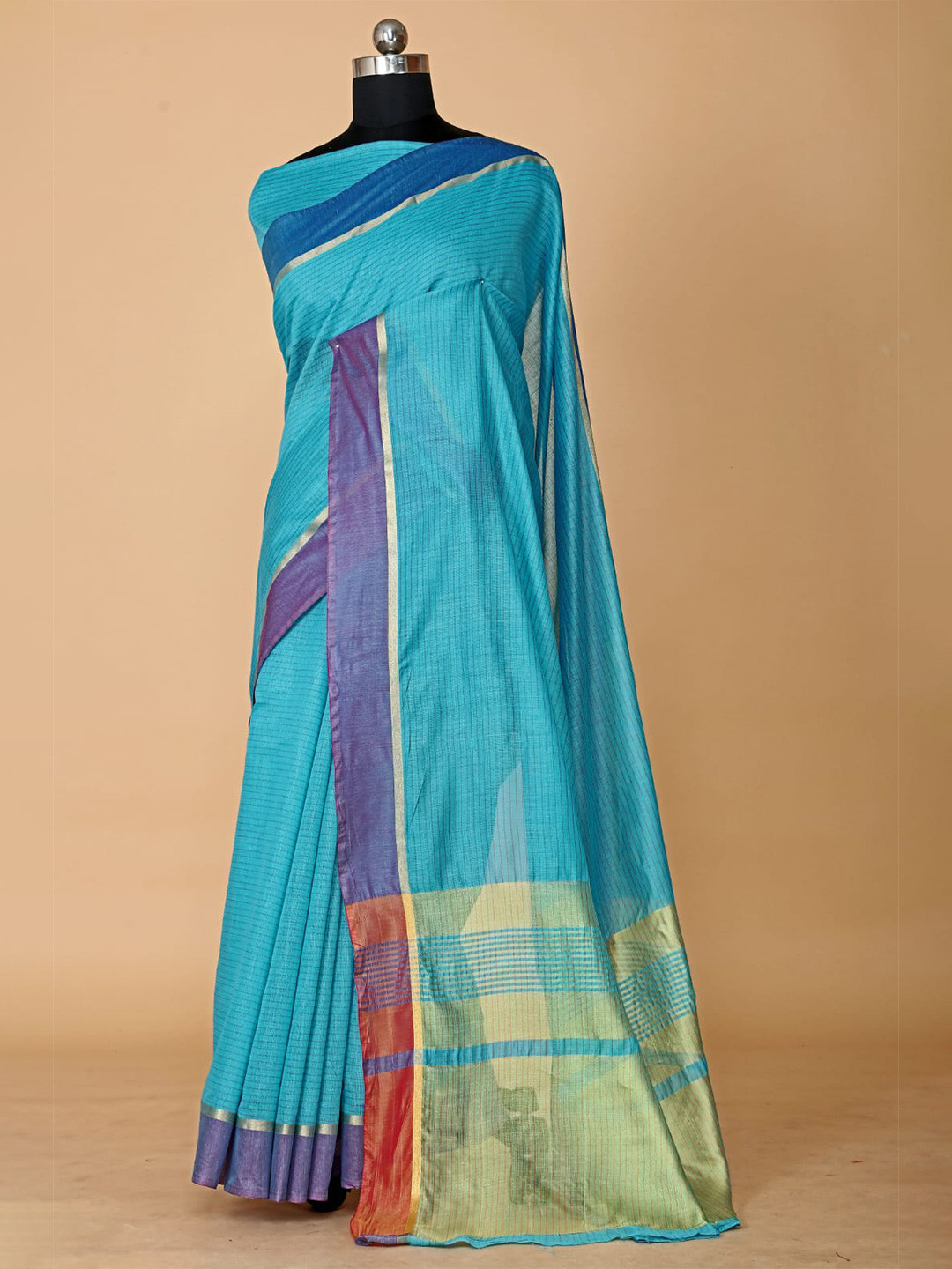 

BESUCHER Striped Zari Silk Cotton Fusion Kanjeevaram Saree, Blue