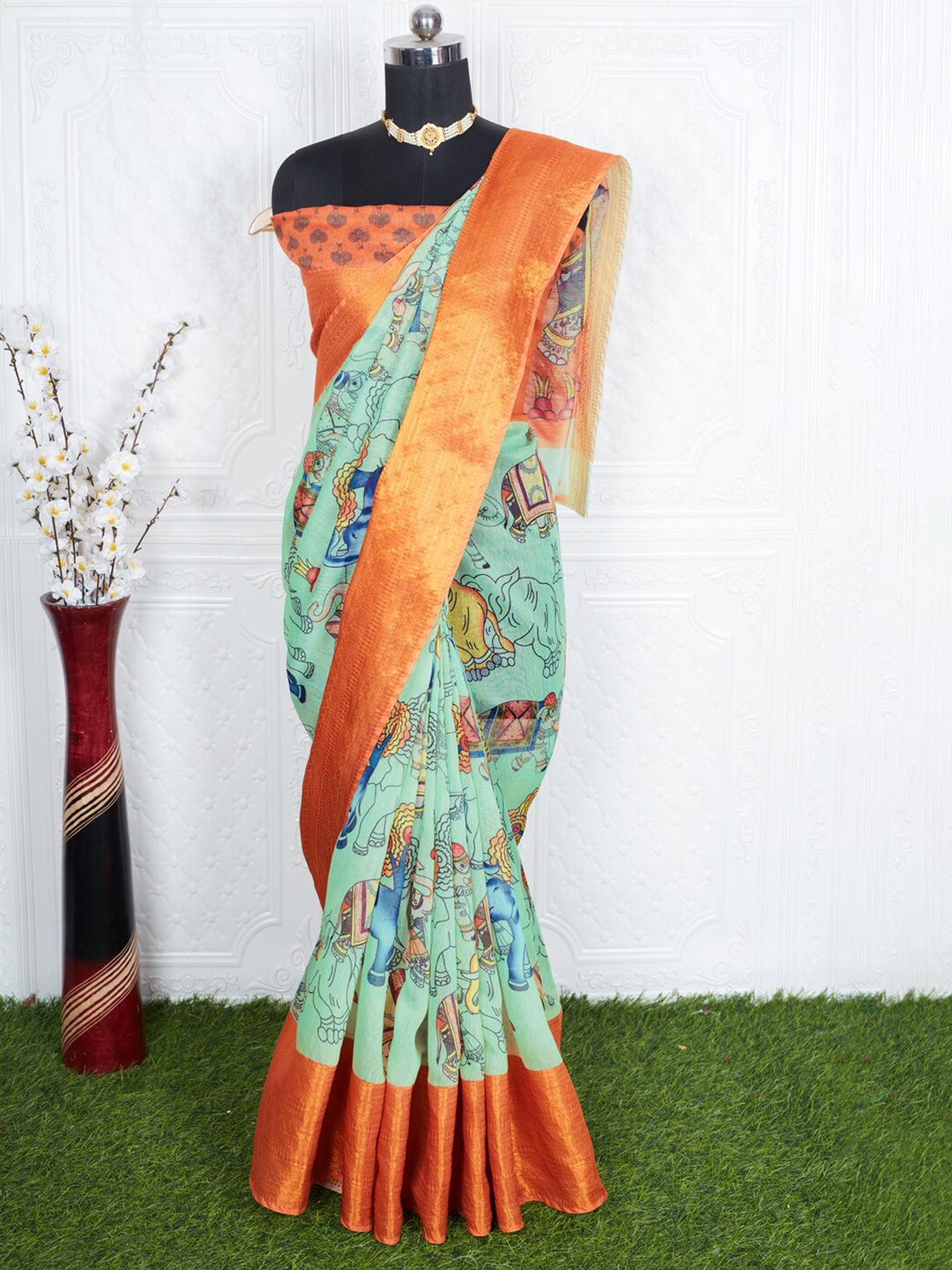 

BESUCHER Ethnic Motifs Silk Cotton Fusion Banarasi Saree, Sea green