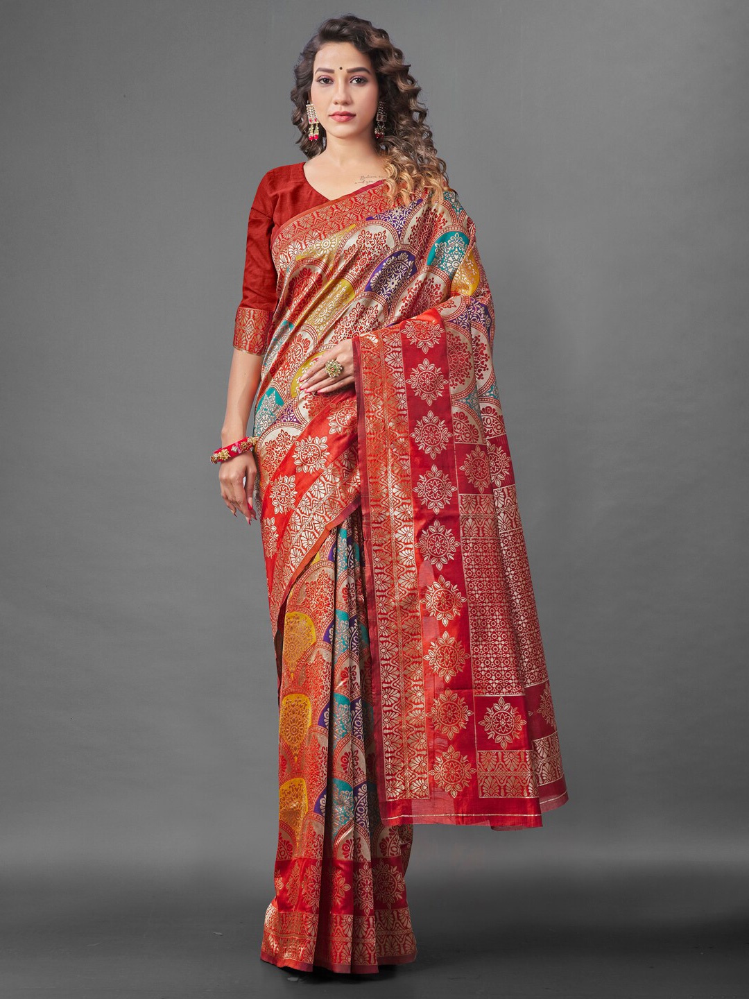 

BESUCHER Ethnic Motifs Zari Silk Blend Fusion Kanjeevaram Saree, Red