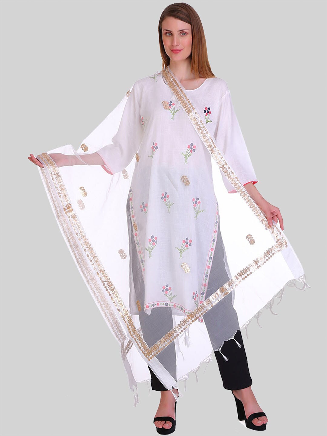 

SAUNDARYA Embroidered Organza Dupatta, White