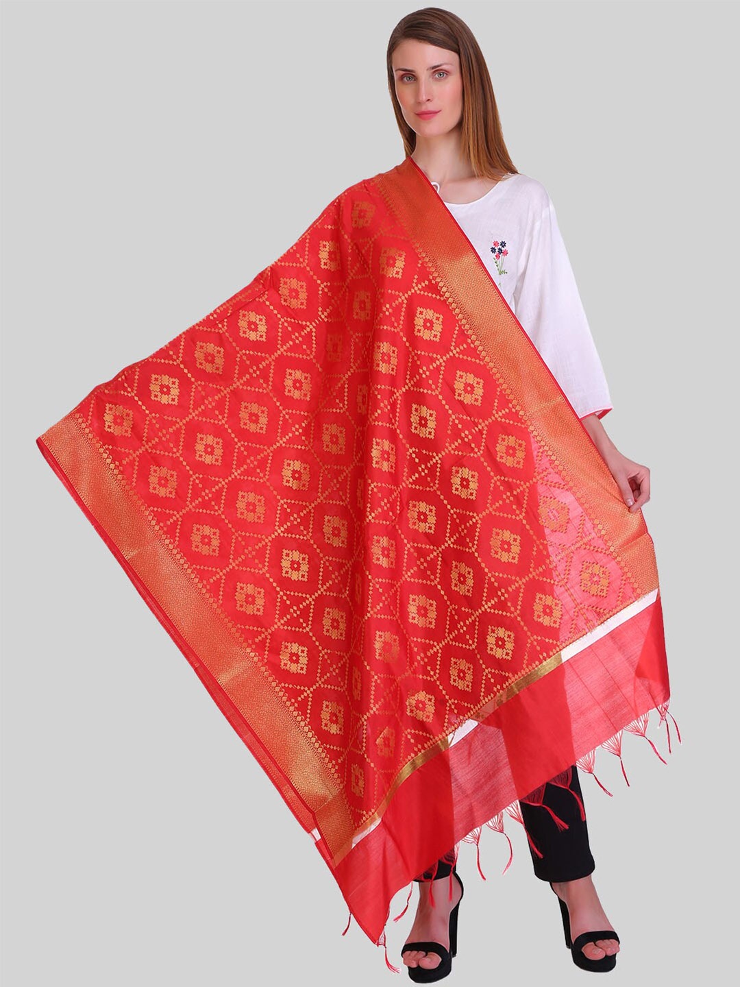 

SAUNDARYA Woven Design Dupatta with Zari, Red