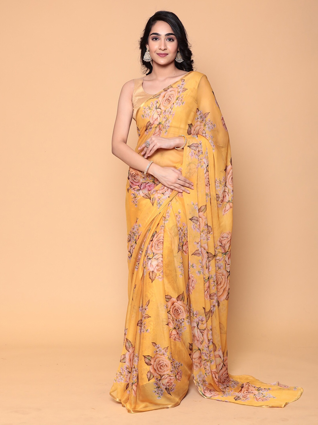 

ZARI Floral Printed Saree, Gold