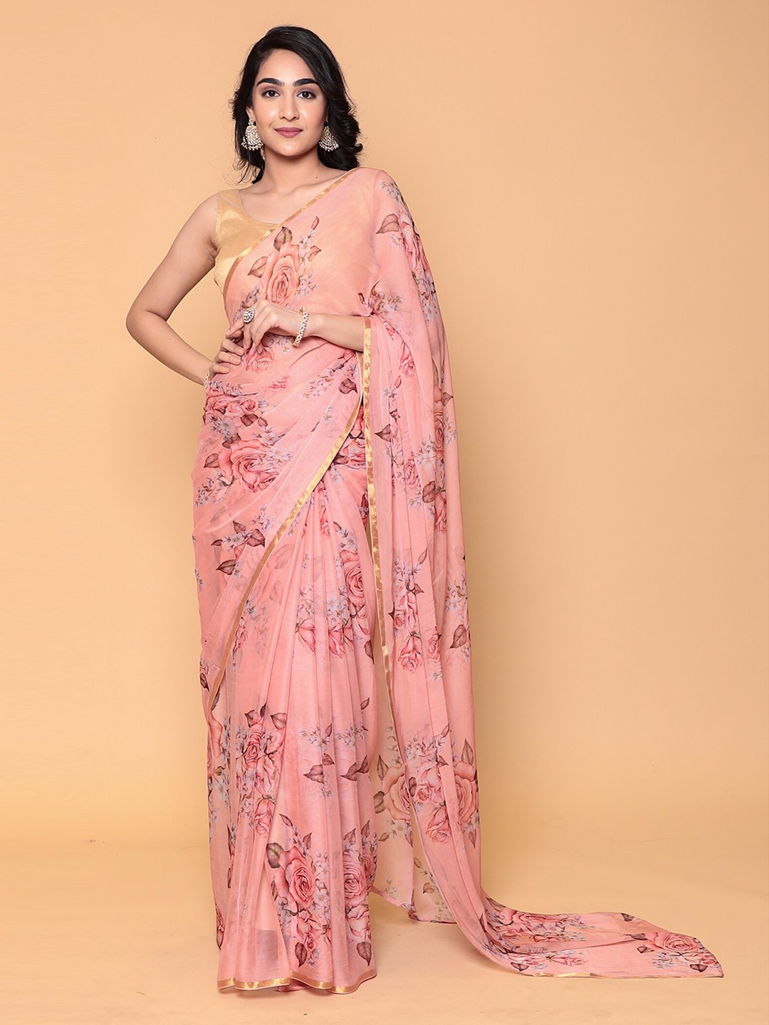 

ZARI Floral Printed Saree, Peach