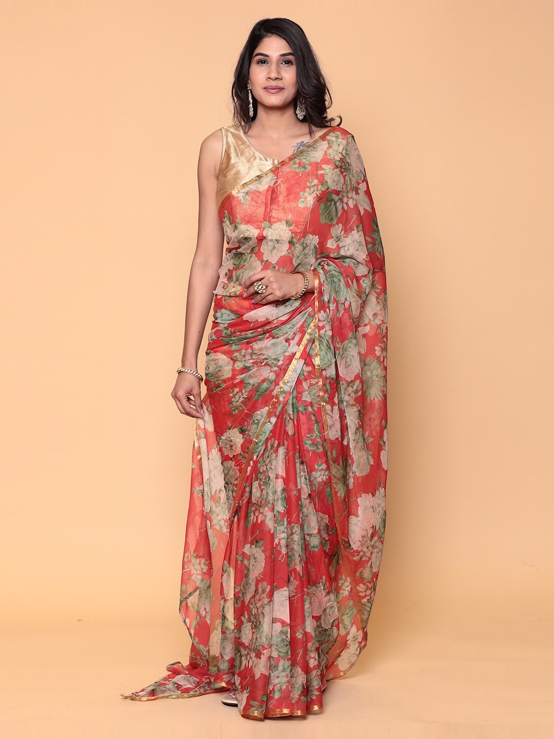 

ZARI Red Floral Printed Pure Chiffon Saree