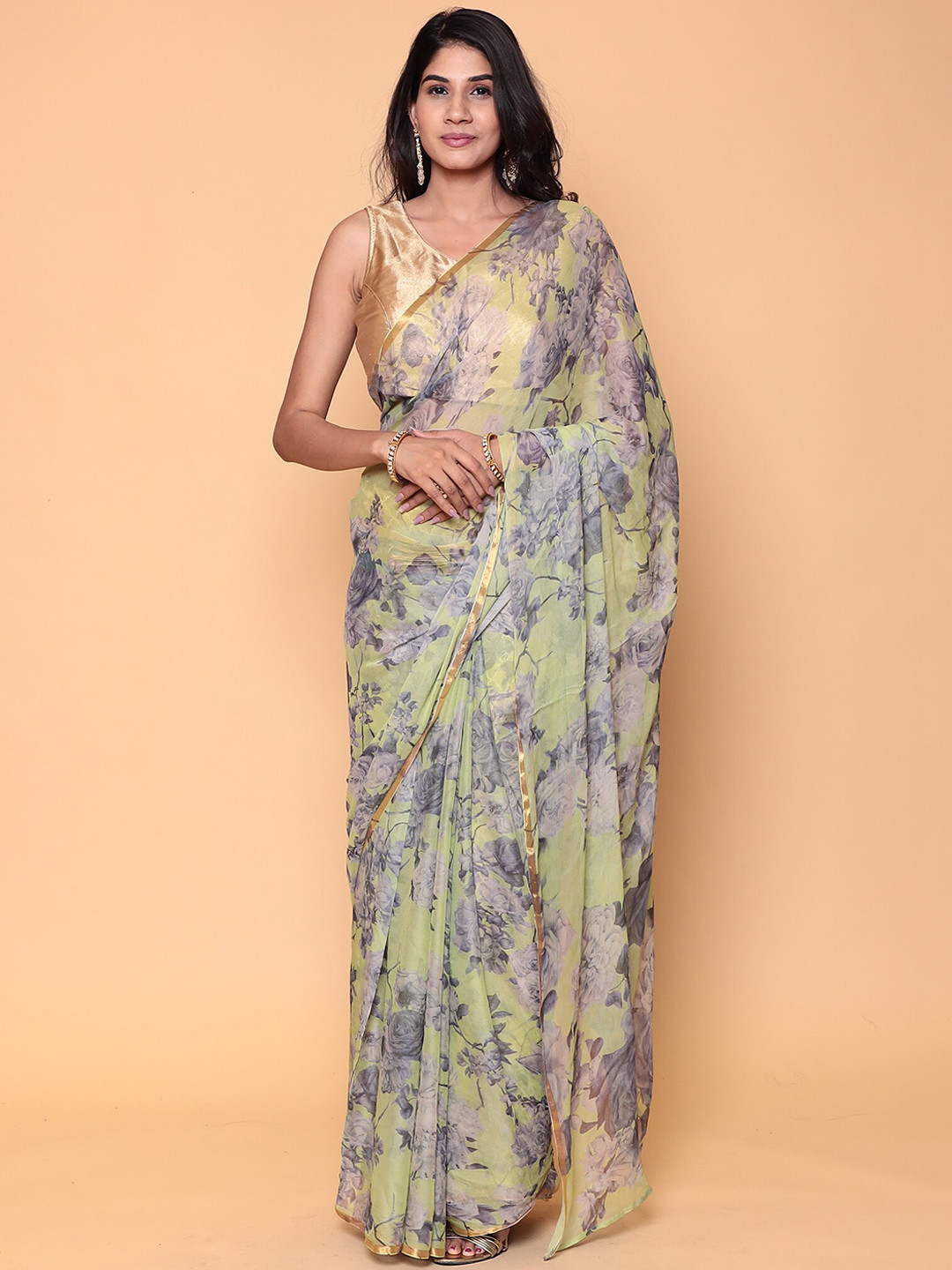 

ZARI Lime Floral Printed Pure Chiffon Saree, Lime green