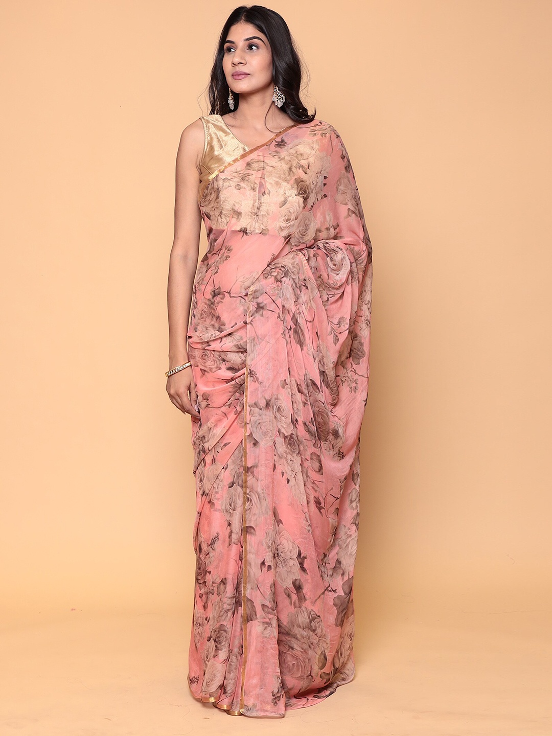 

ZARI Floral Printed Saree, Peach
