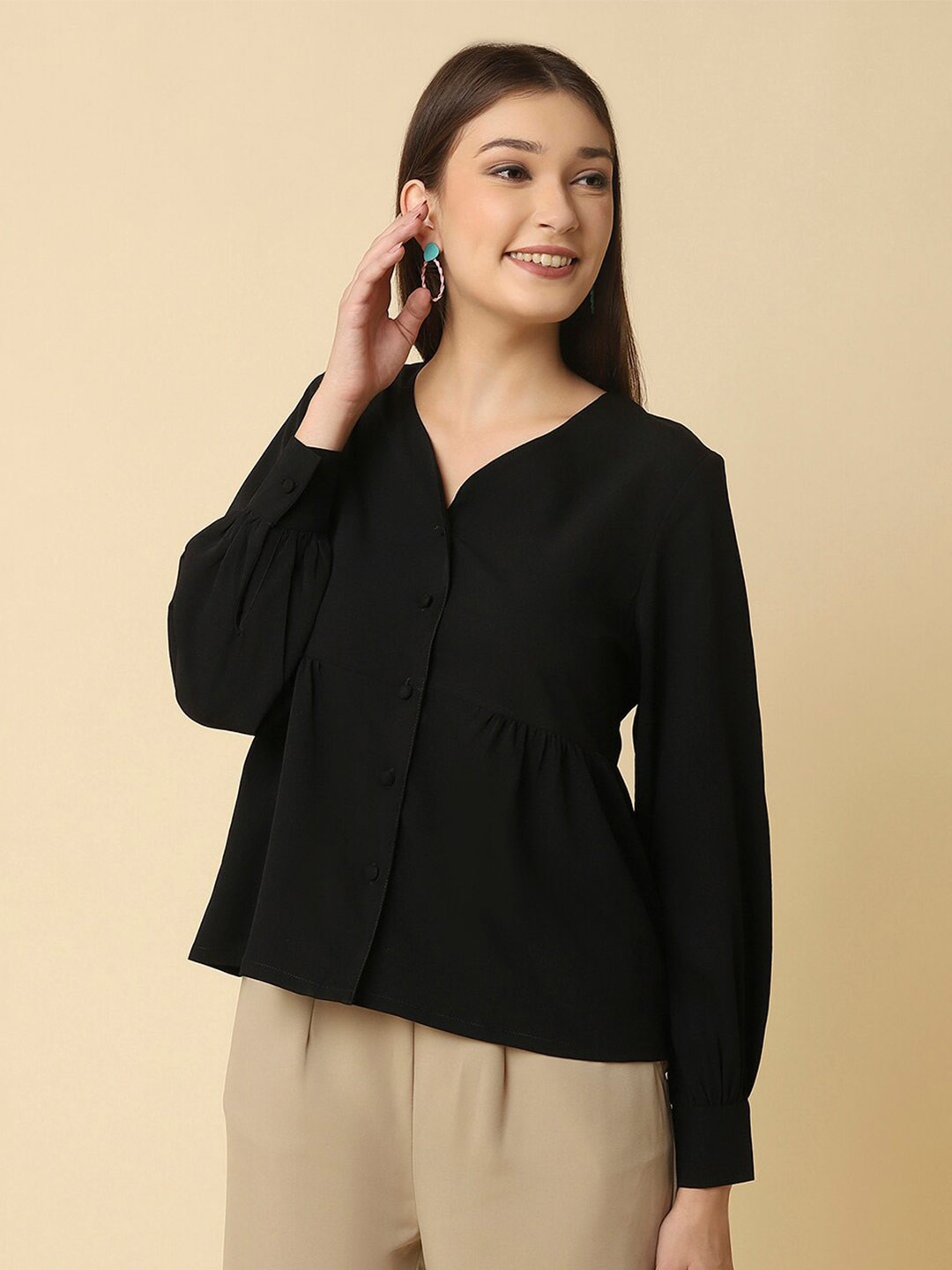 

RAASSIO Collarless Casual Shirt, Black