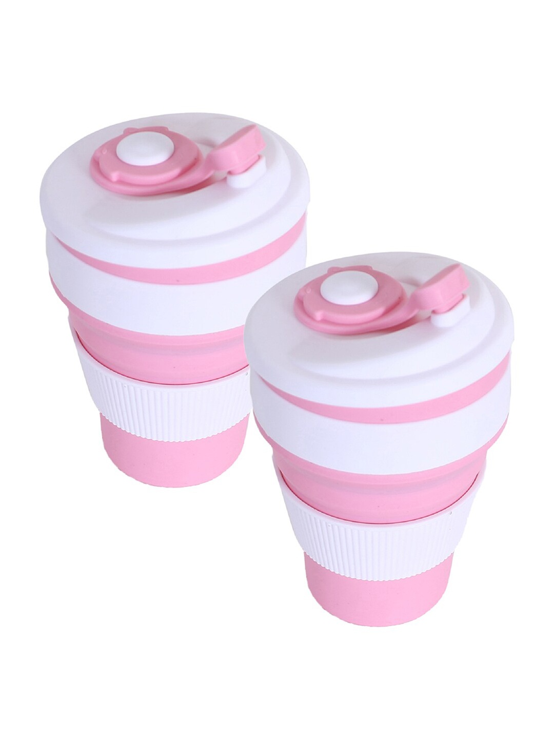 

Kuber Industries Pink & White Pack of 2 Solid Plastic Portable Travel Coffee Mugs 350 ML