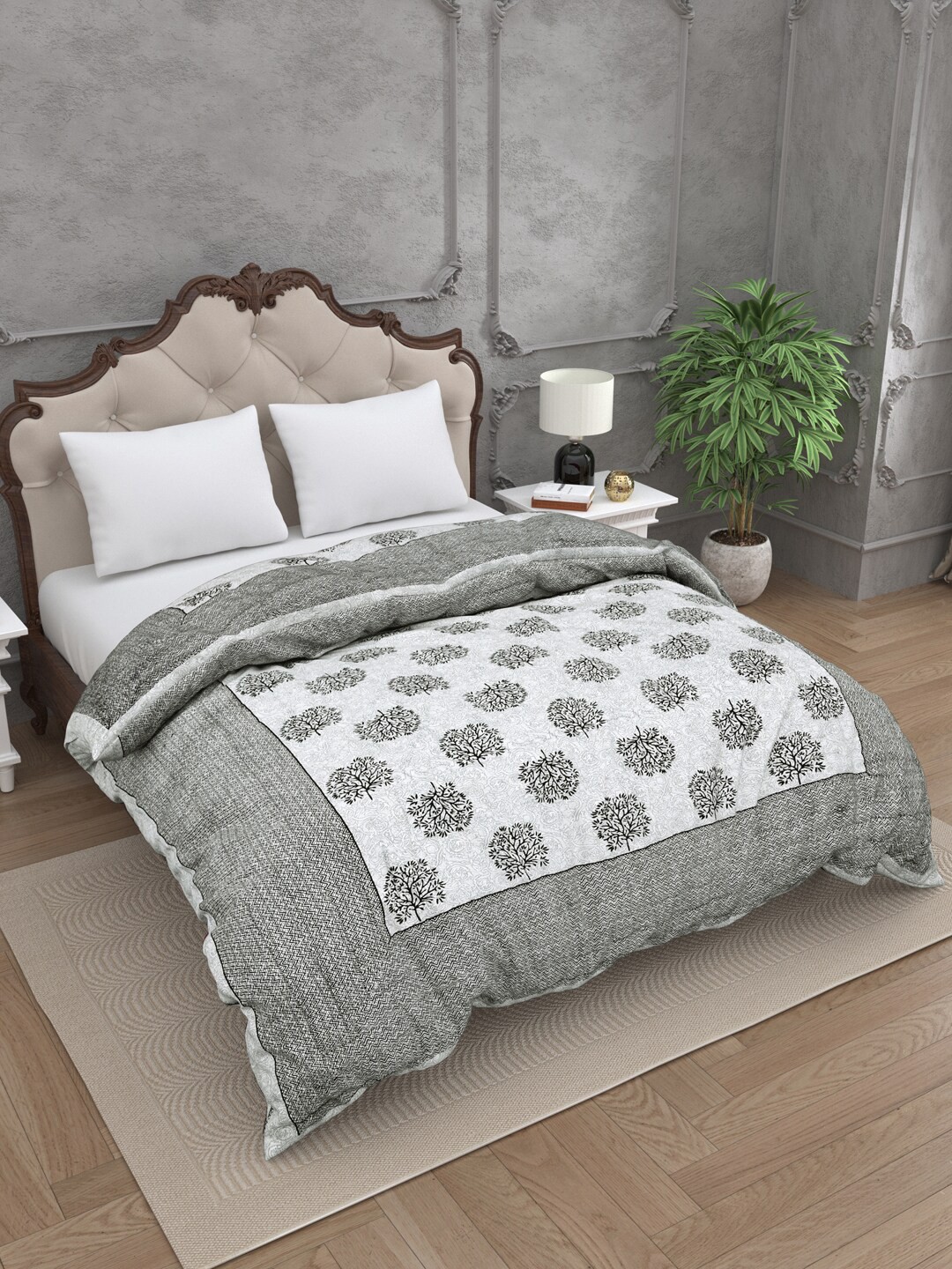 

JAIPUR FABRIC Floral Heavy Winter 300 GSM Double Bed Quilt, Grey