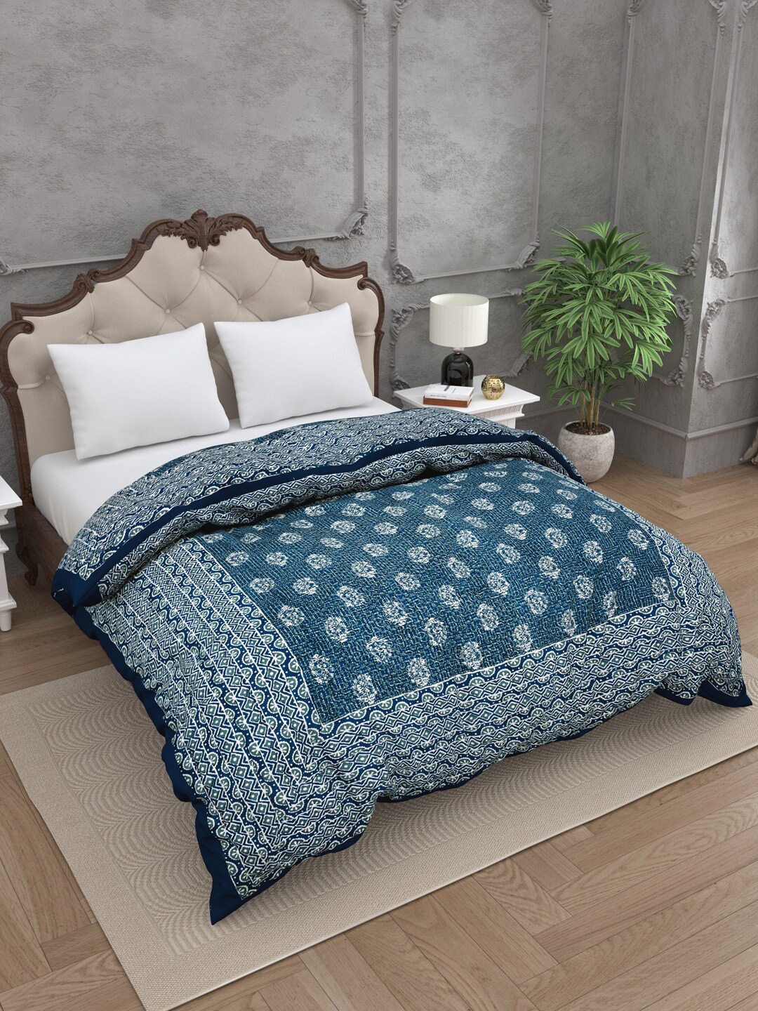 

JAIPUR FABRIC Ethnic Motifs Heavy Winter 300 GSM Double Bed Quilt, Blue