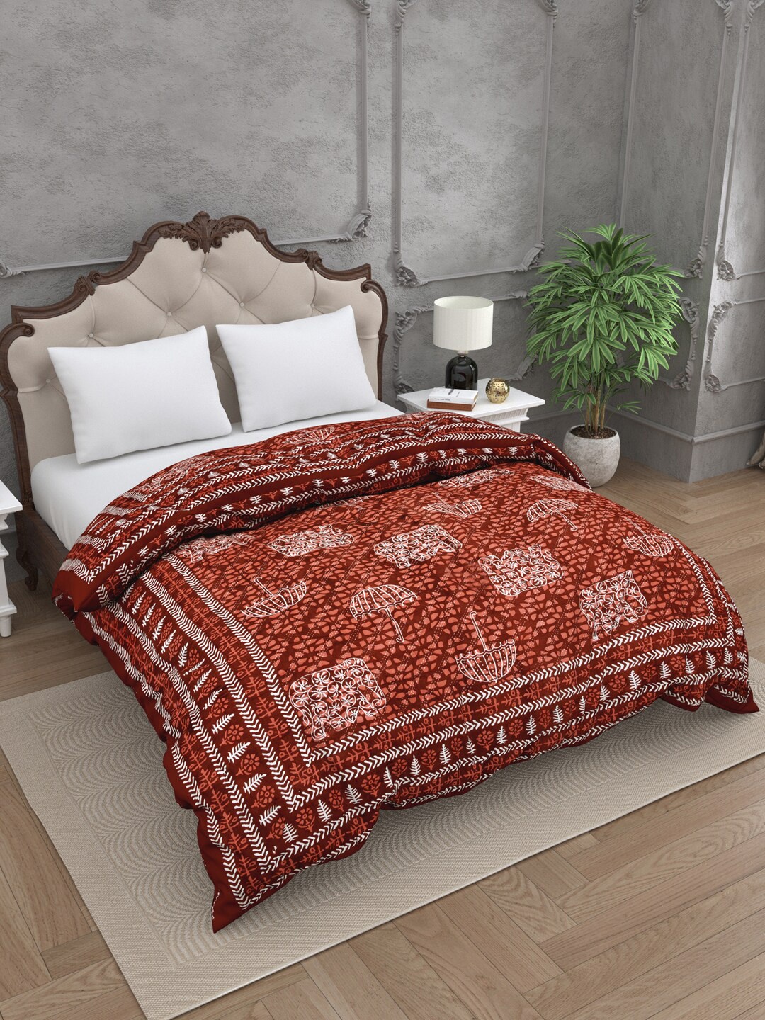 

JAIPUR FABRIC Ethnic Motifs Heavy Winter 300 GSM Double Bed Quilt, Orange