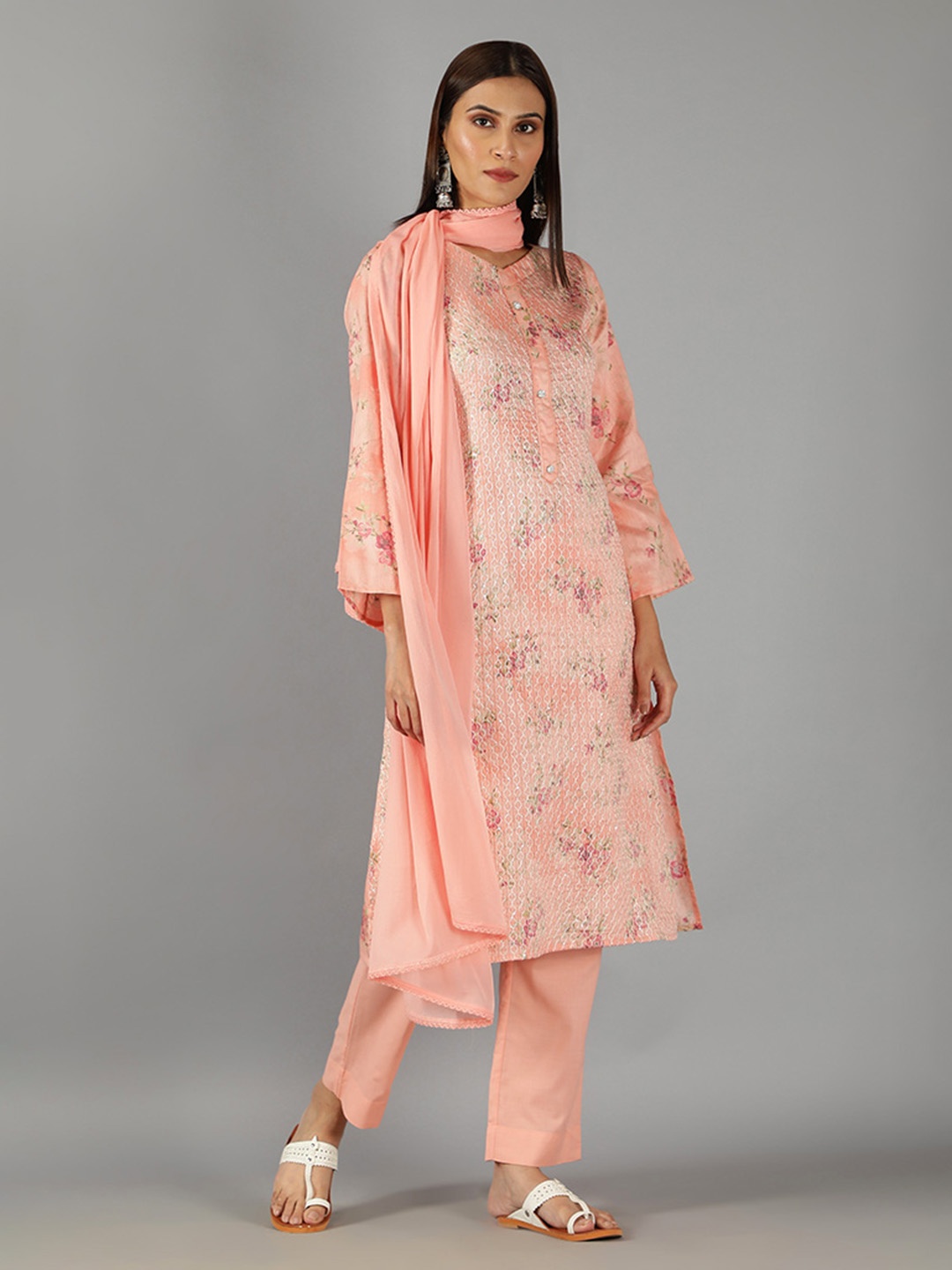 

BARARA ETHNIC Women Floral Printed Thread Work Pure Cotton Kurta with Trousers & Dupatta, Pink