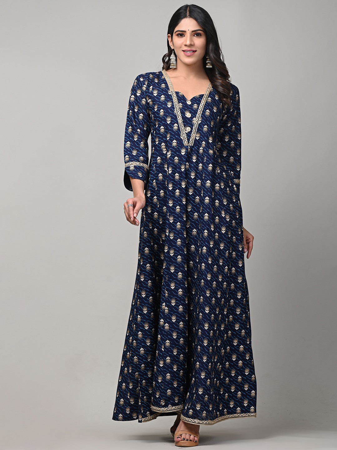 

DHRTI Ethnic Motifs Printed Thread Work Anarkali Kurta, Navy blue
