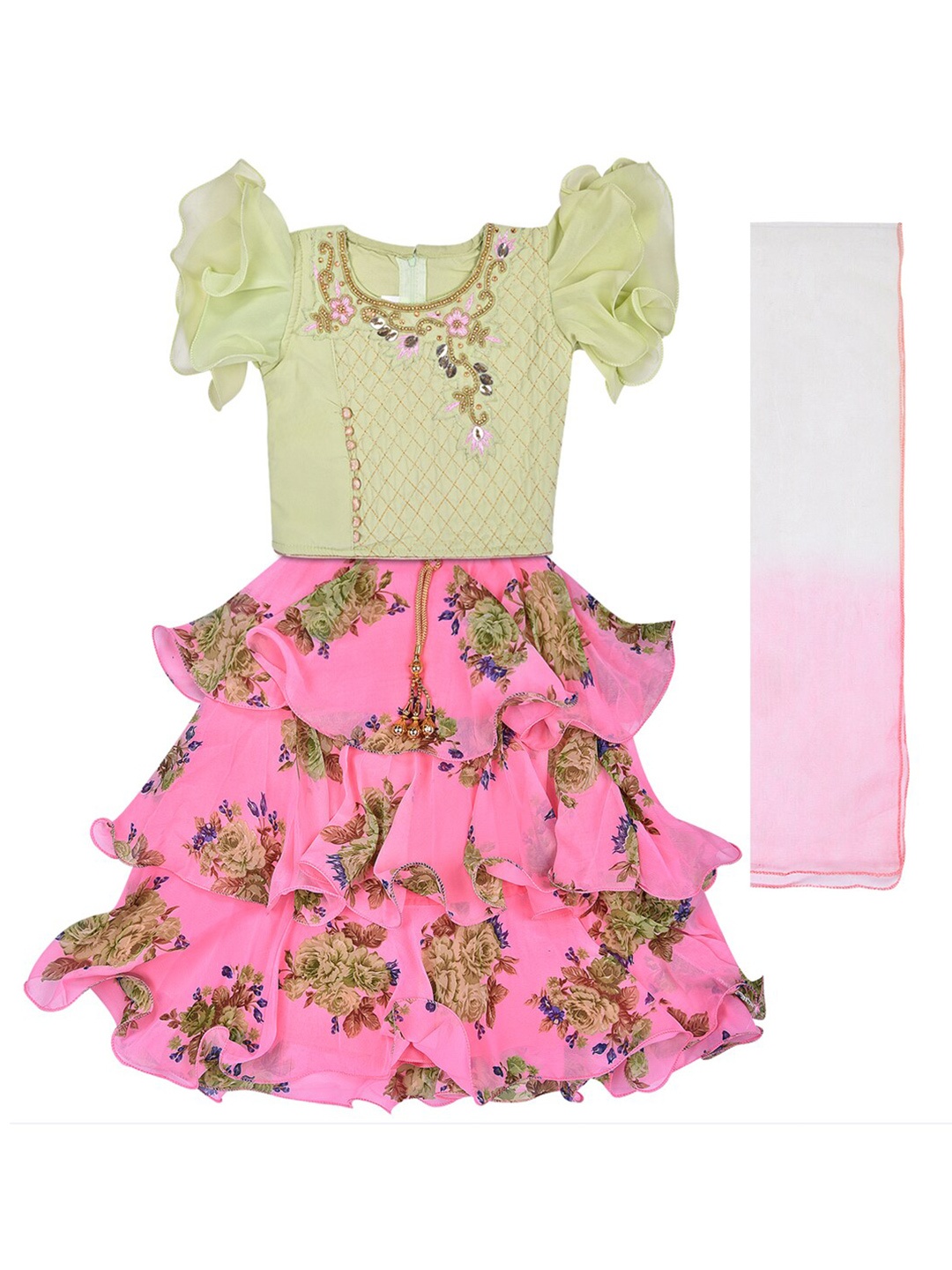 

Wish Karo Girls Embellished Top & Skirt With Dupatta, Green