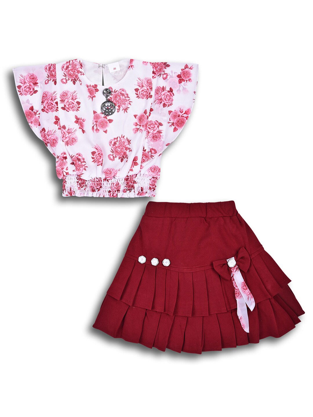 

Wish Karo Girls Printed Top with Skirt, Maroon