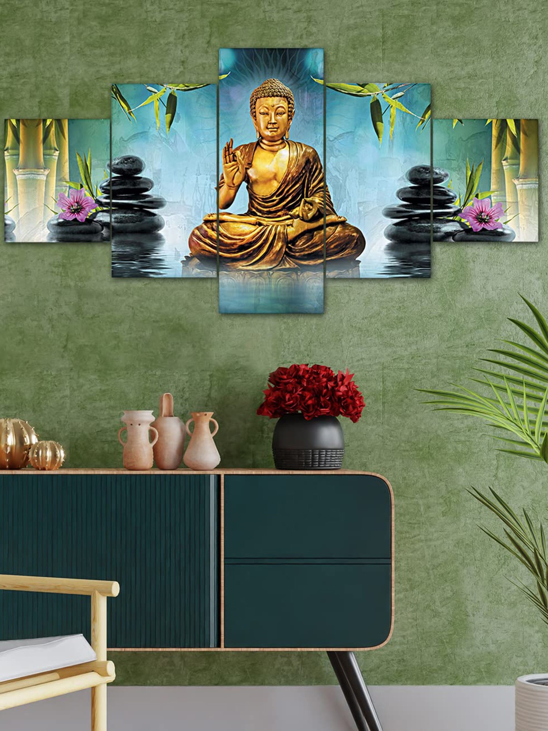 

Perpetual Set Of 5 3D Buddha Wall Paintings, Gold