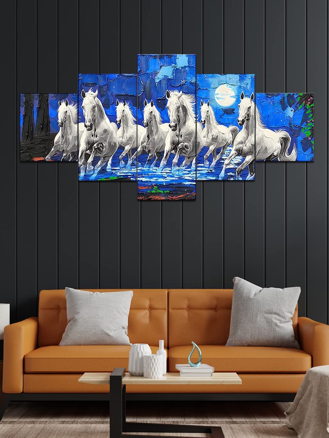 Perpetual Set Of 5 Running Horse 3d Scenery Painting, White