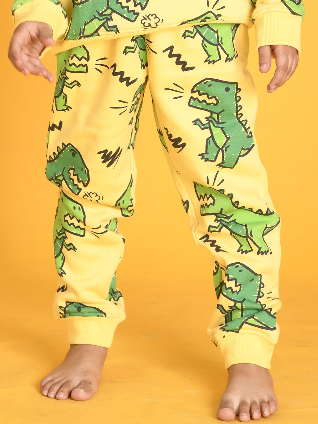 

Anthrilo Boys Dinosaur Printed Relaxed High-Rise Easy Wash Fleece Joggers, Yellow
